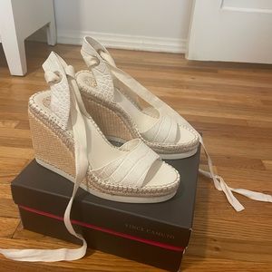 NWOT: Vince Camuto White Heels with Ankle Wrap and Open-Toe Design